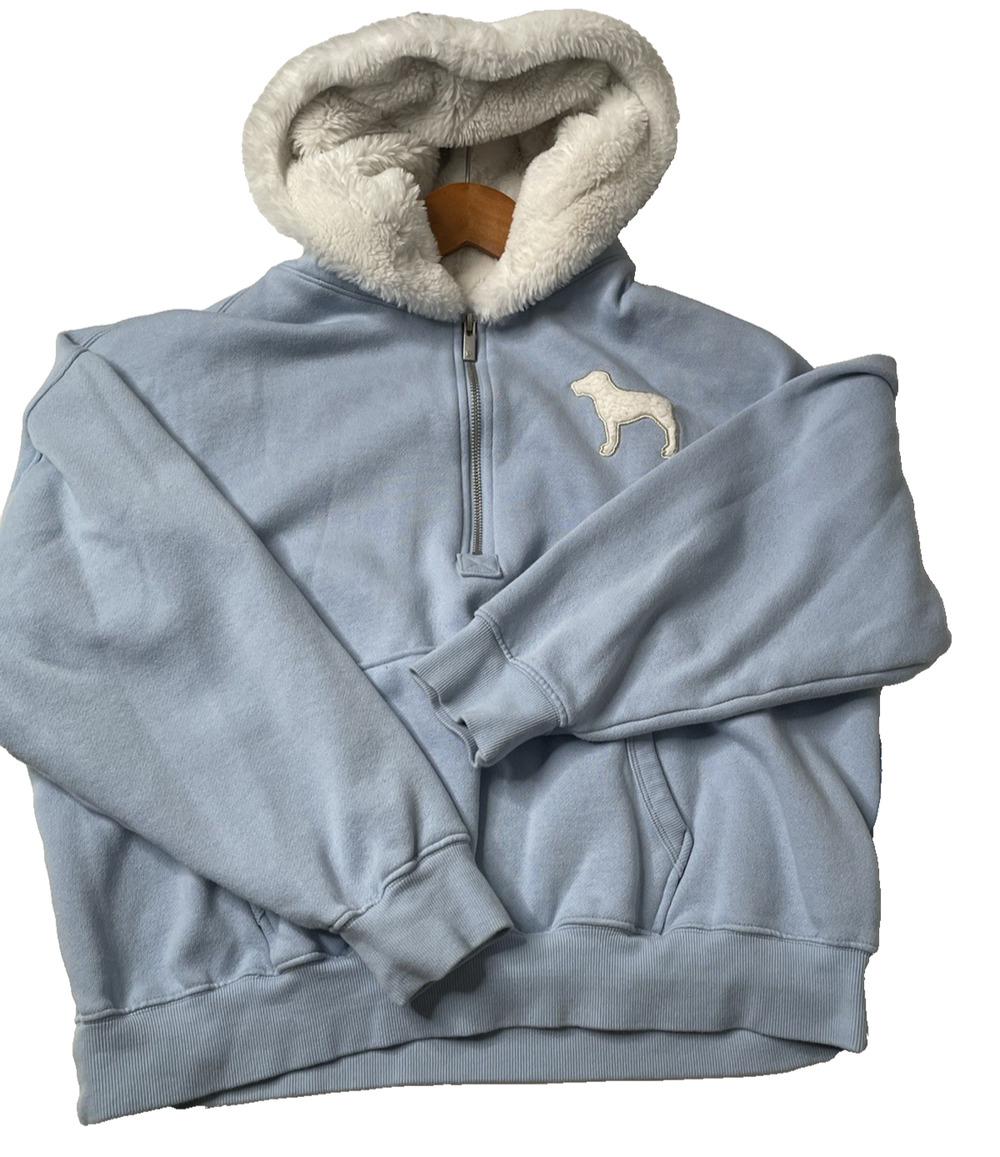 PINK Victoria's Secret Hoodie Womens Medium Blue Sherpa Hood Quarter Zip Pullove